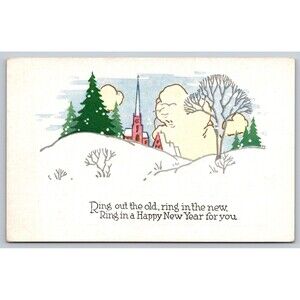 Vintage New Year Postcard Church Winter Snow Scene Ring Out The Old Greeting